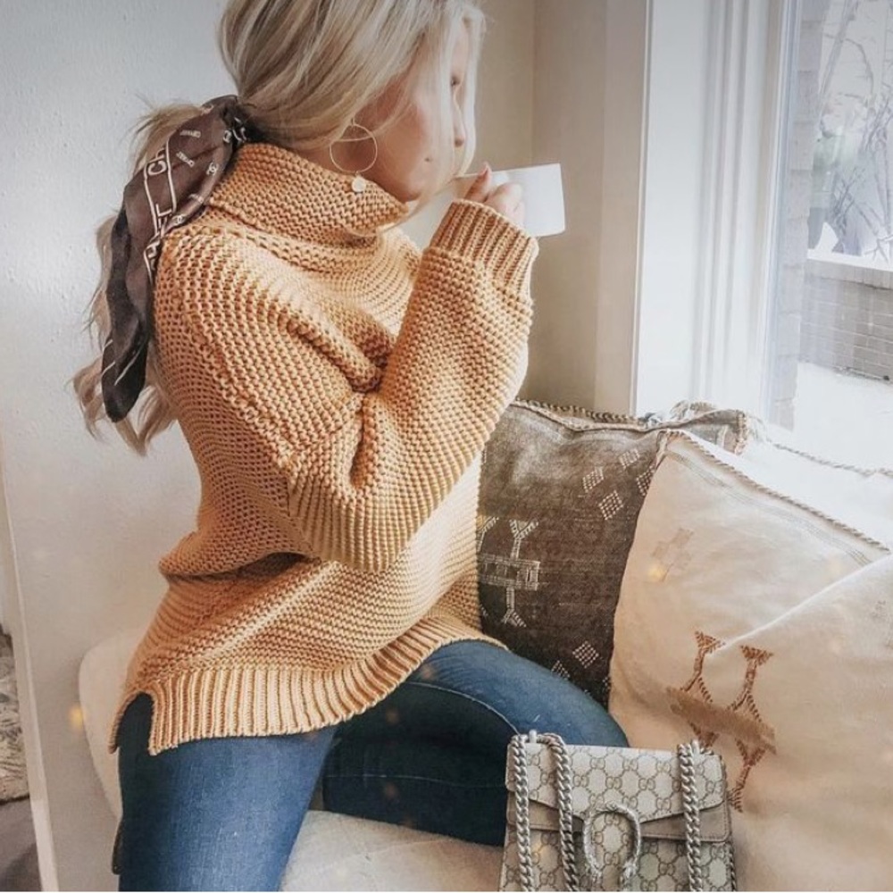 Cowl neck women knit sweater oversized mustard tops chunky knit loose high neck